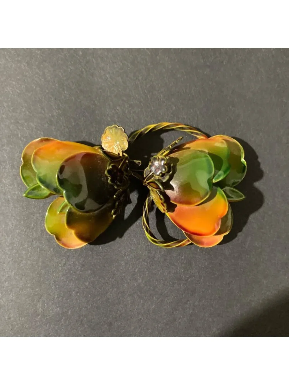 Vintage Enamel Metal Scarf Brooch Green And Orange Floral Design 3